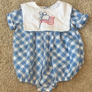 Blue Checkered Baby Romper with Embroidered Flag